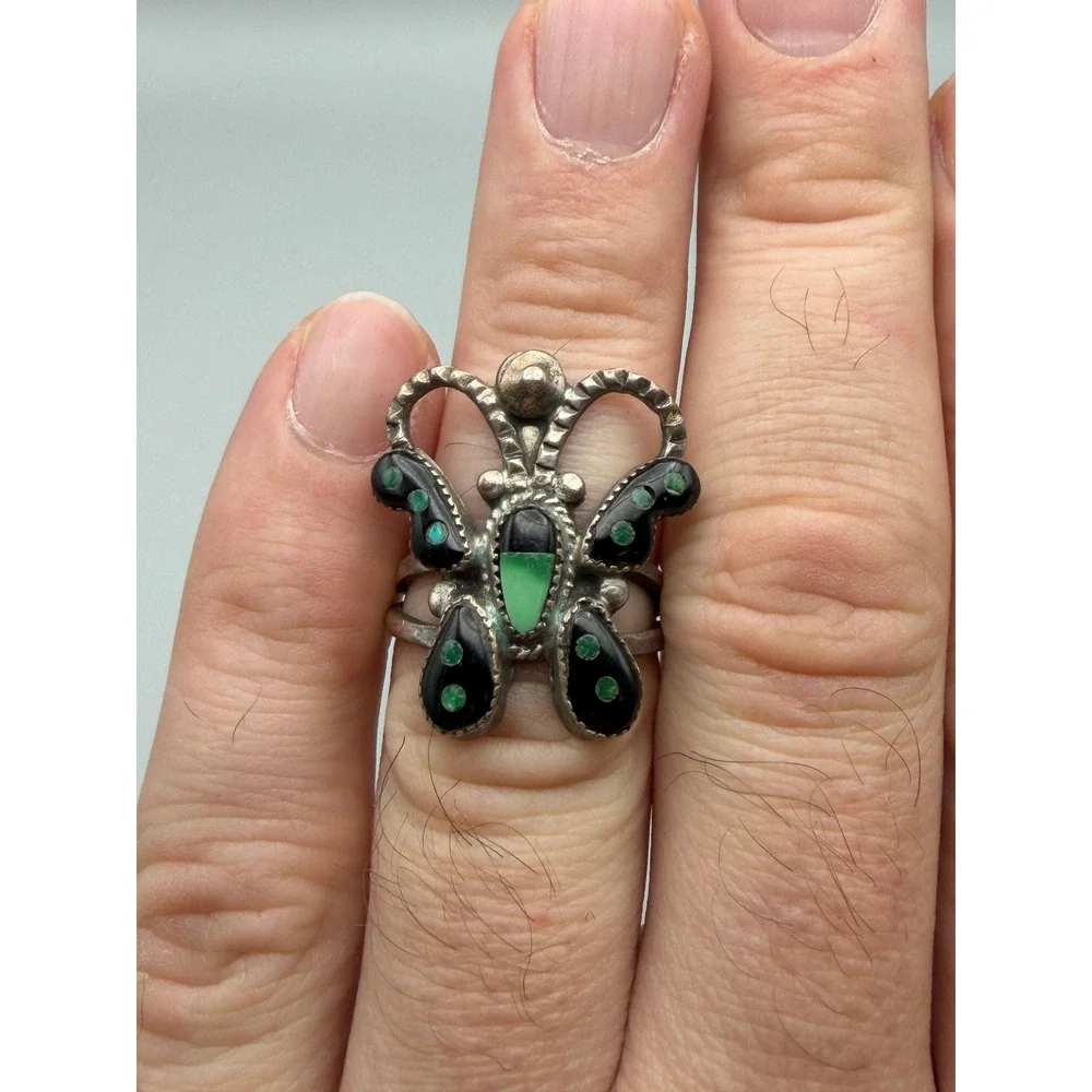 Fred Harvey Era Zuni Jet & Turquoise Inlay Sterling Silver Butterfly Ring #1144